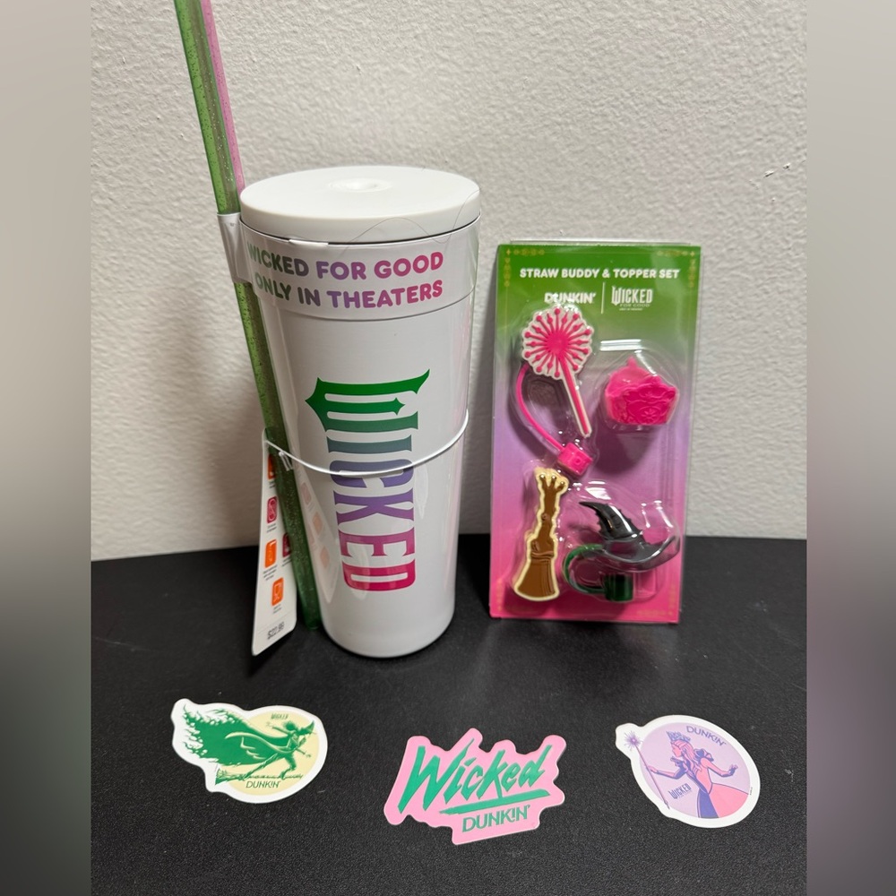 Dunkin Donuts Wicked For Good Tumbler With Straw Topper& Buddy Set & Sticker Set